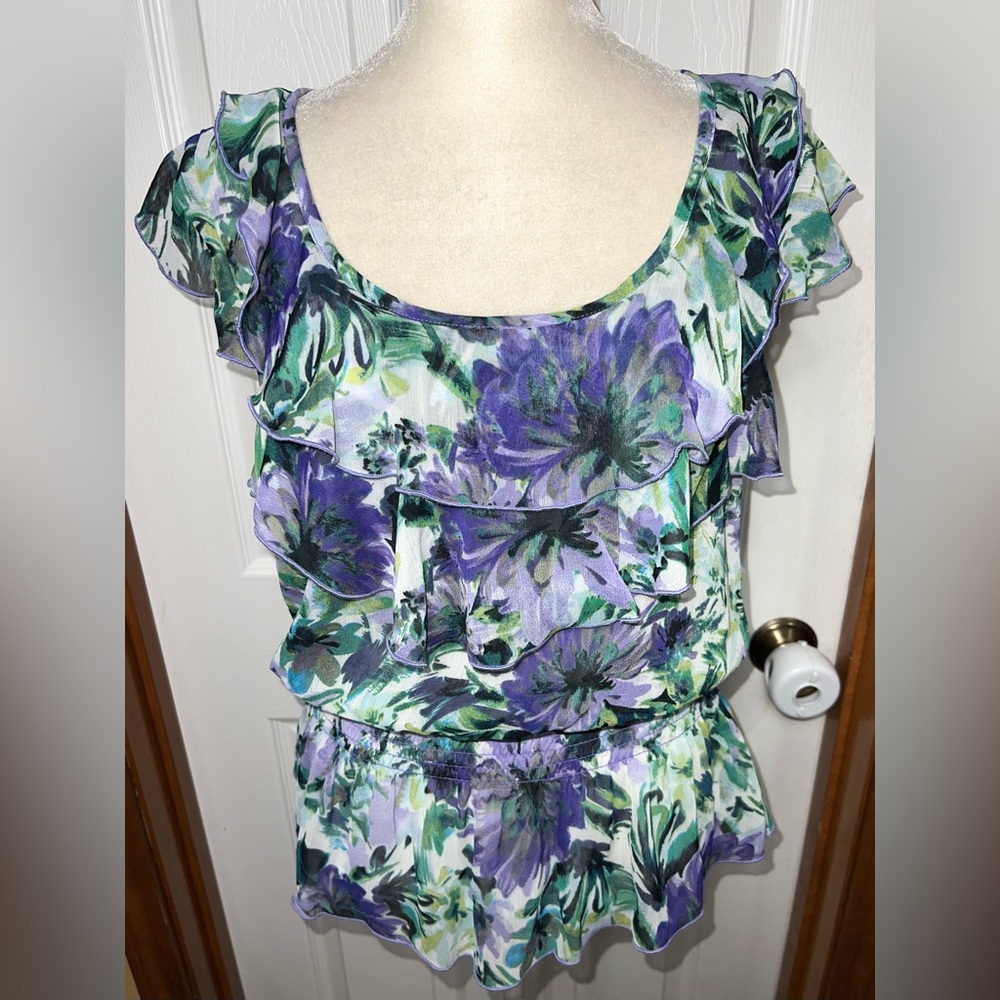 (NWOT) Y2K Blouse Top Chiffon Peplum Top Lightweight Floral Purple/Green/Ivory M